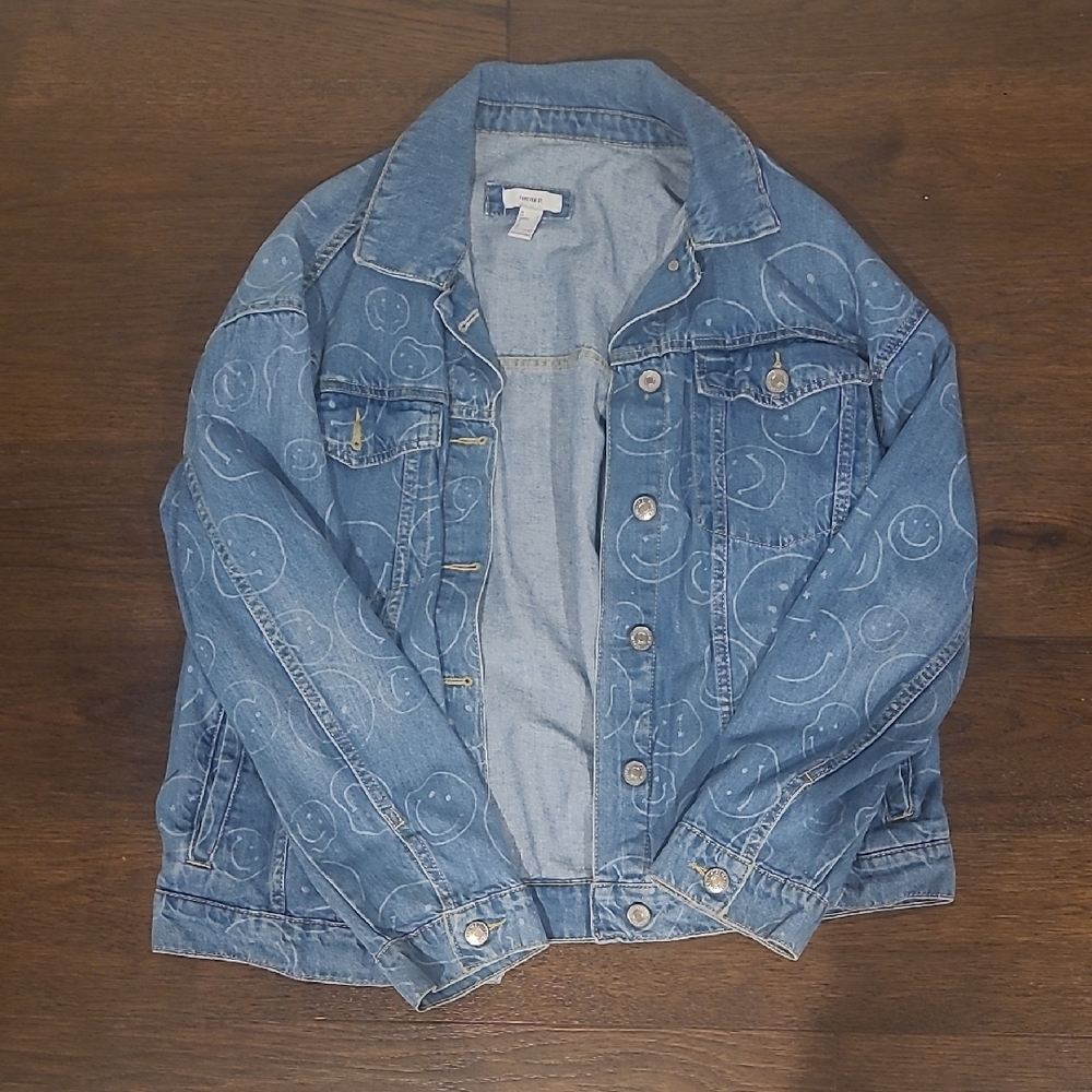 Denim Jacket with Smiley Face Pattern